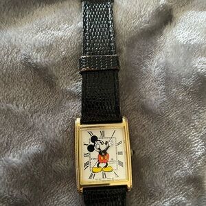 Mickey Mouse Gold-Tone Women’s Watch with Black Leather Strap